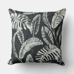 Charcoal Grey Palm Leaves Throw Pillow