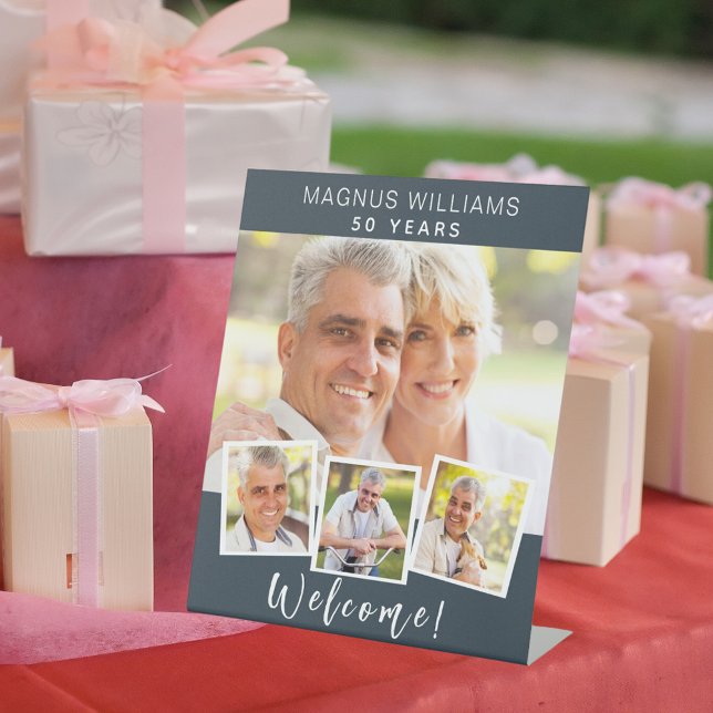 Charcoal grey photo collage birthday party welcome pedestal sign (Creator Uploaded)