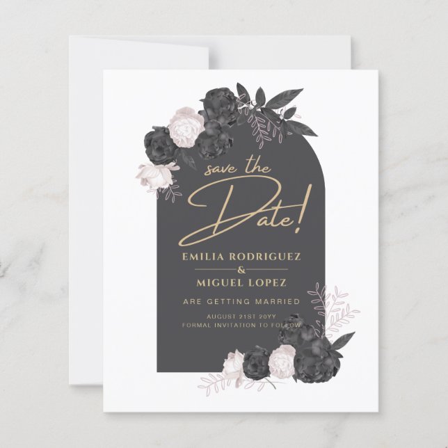  Charcoal Grey Pink Roses Wedding SAVE THE DATE (Front)