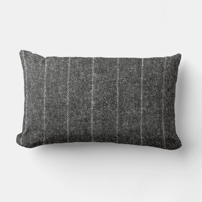 Charcoal Grey Pinstripe Tweed Slate Black Fabric Lumbar Cushion (Front)