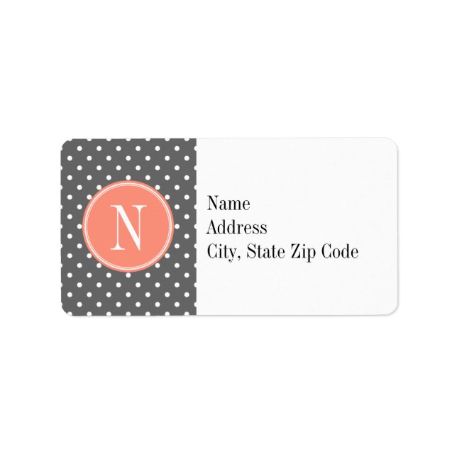 Charcoal Grey Polka Dot with Coral Monogram Label (Front)