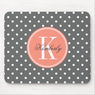 Charcoal Grey Polka Dot with Coral Monogram Mouse Mat