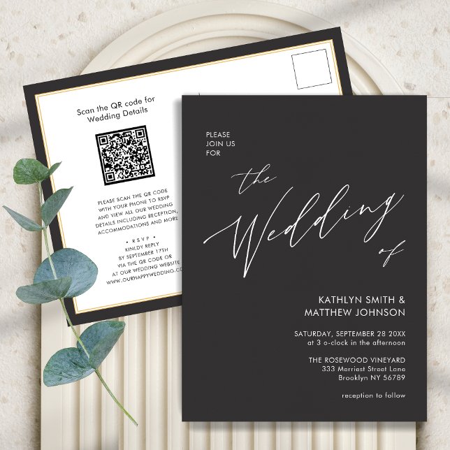 Charcoal Grey QR Code All In One Modern Wedding Invitation Postcard (Creator Uploaded)