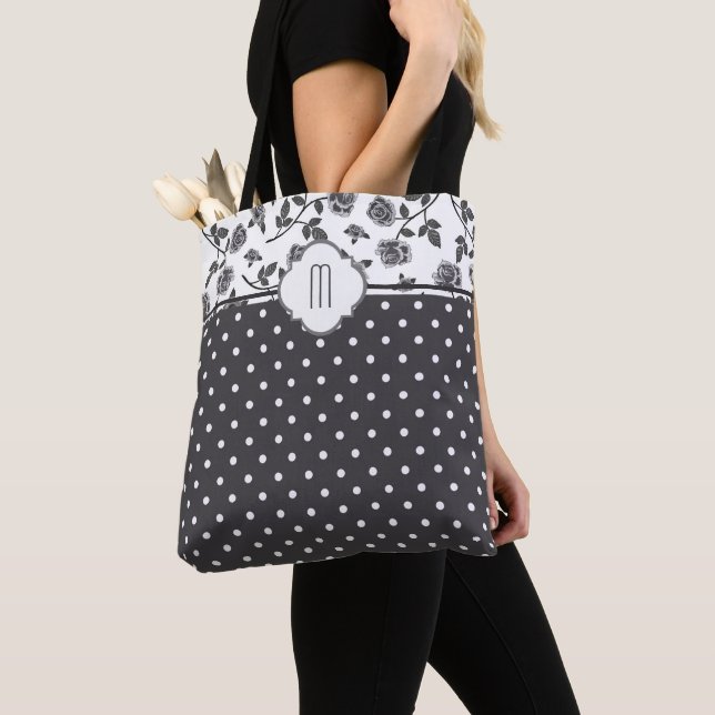 Charcoal Grey Rose Polka Dot Monogram Tote Bag (Close Up)