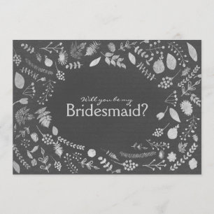 Charcoal Grey Silver Floral Be My Bridesmaid etc. Invitation