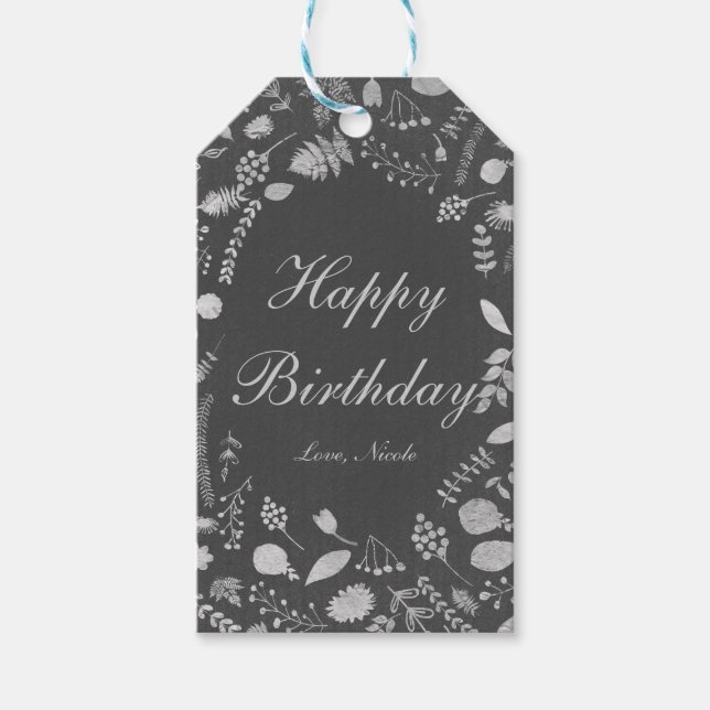 Charcoal Grey & Silver Floral Wedding Gift Tag (Front)
