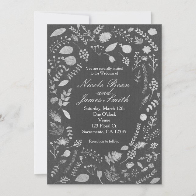 Charcoal Grey & Silver Floral Wedding Invitations (Front)