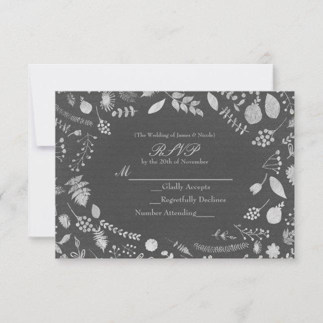 Charcoal Grey & Silver Floral Wedding RSVP card (Front)