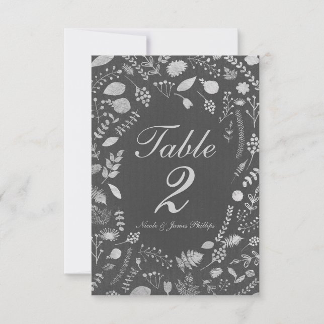 Charcoal Grey & Silver Floral Wedding Table Card (Front)