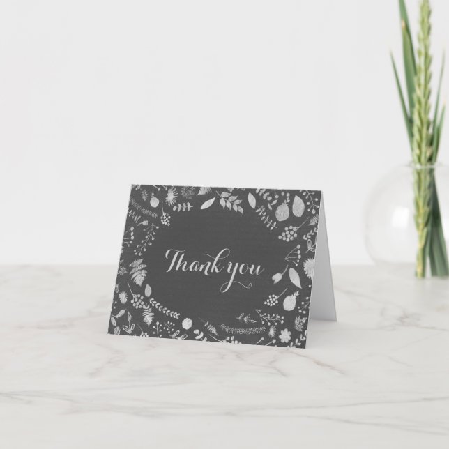 Charcoal Grey & Silver Floral Wedding Thank You Card (Front)