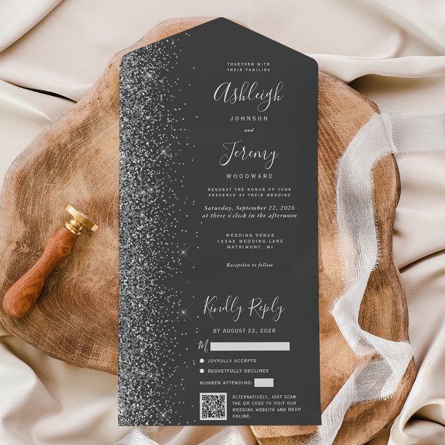 Charcoal Grey Silver Glitter QR Code Wedding All In One Invitation (Creator Uploaded)
