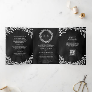Charcoal Grey Silver Leaf Branch QR Code Wedding Tri-Fold Invitation