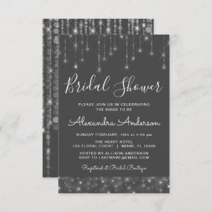 Charcoal Grey Silver String Lights Bridal Shower Invitation