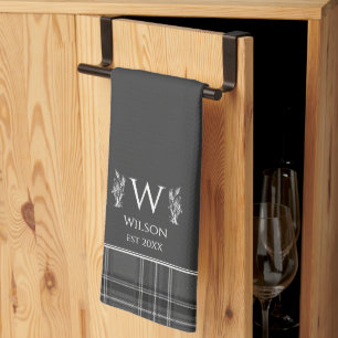 Charcoal Grey Tartan Plaid Custom Name Monogram Tea Towel