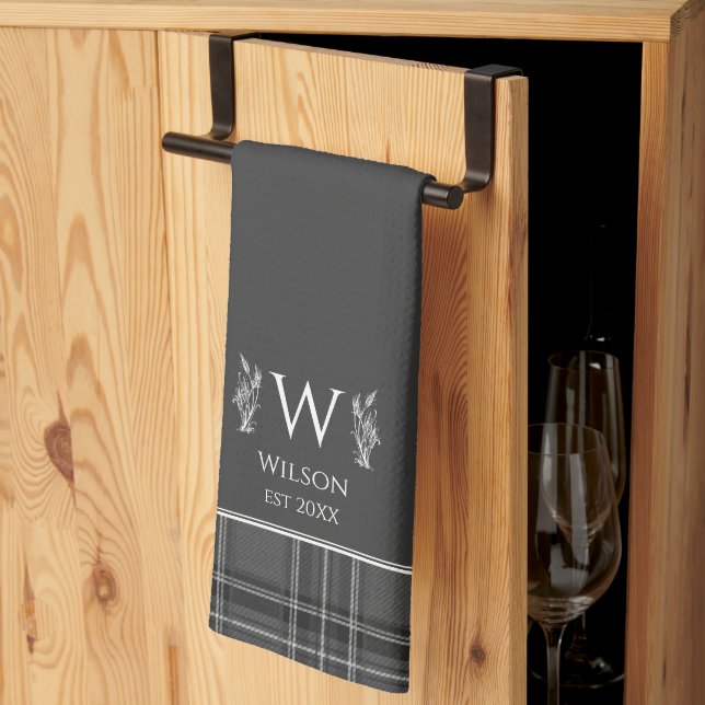 Charcoal Grey Tartan Plaid Custom Name Monogram Tea Towel (Thirds Fold)