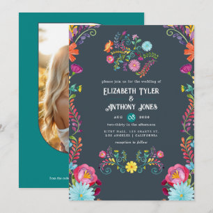 Charcoal Grey & Teal Floral Mexican Fiesta Wedding Invitation