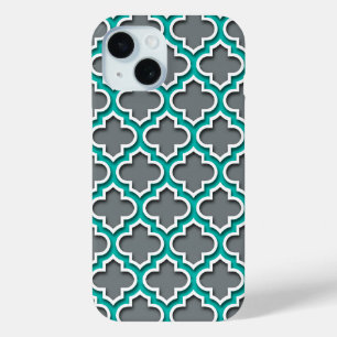 Charcoal Grey Teal White Moroccan Quatrefoil #5DS iPhone 15 Case