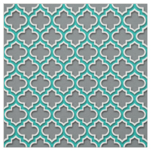 Charcoal Grey Teal White Moroccan Quatrefoil #5DS Fabric