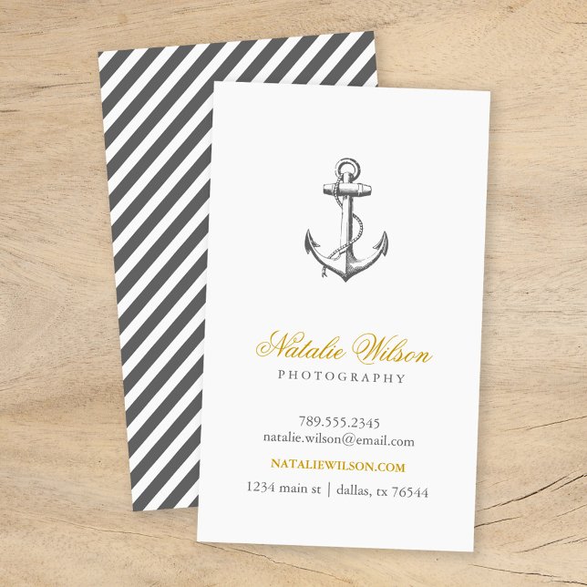 Charcoal Grey Vintage Anchor Vertical Business Card (Creator Uploaded)