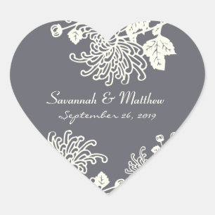 Charcoal Grey Vintage Flowers Wedding Heart Seal
