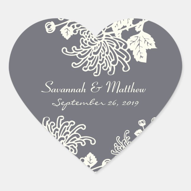 Charcoal Grey Vintage Flowers Wedding Heart Seal (Front)