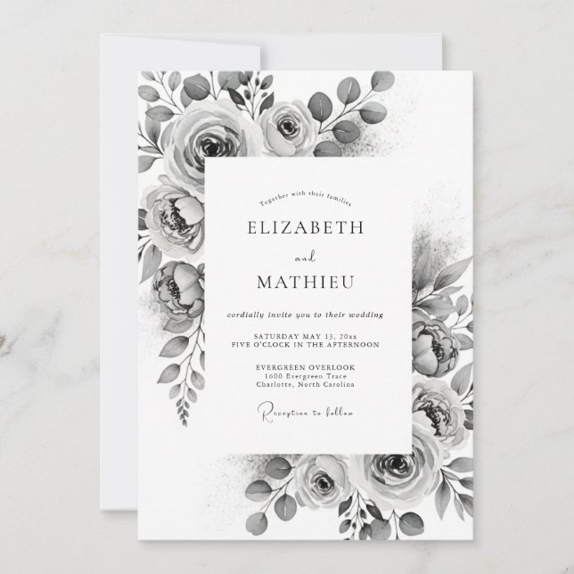Charcoal Grey Watercolor Classical Wedding Invitation (Front)