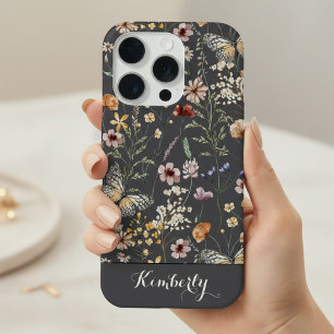 Charcoal Grey Watercolor Wildflowers Pattern Name iPhone 15 Pro Case