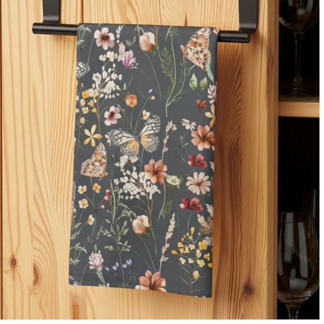 Charcoal Grey Watercolor Wildflowers Tea Towel (Creator Uploaded)