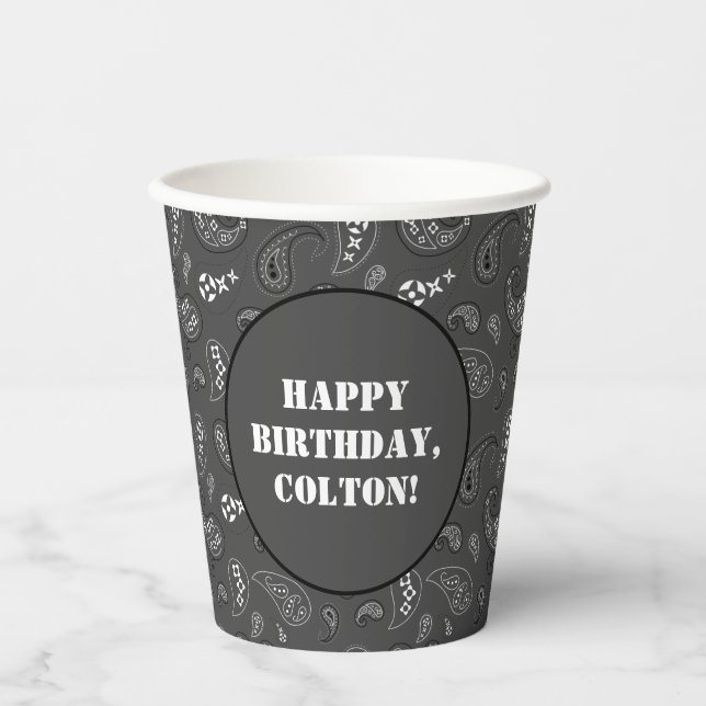 Charcoal Grey Western Bandanna Print Birthday Part Paper Cups (Front)
