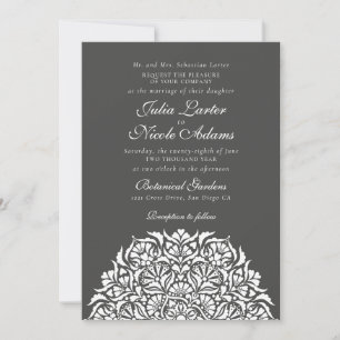 Charcoal Grey Whimsical Floral Mandala Wedding Invitation