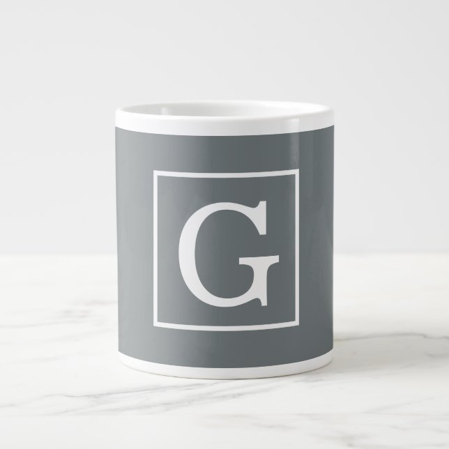 Charcoal Grey White Framed Initial Monogram Large Coffee Mug (Front)