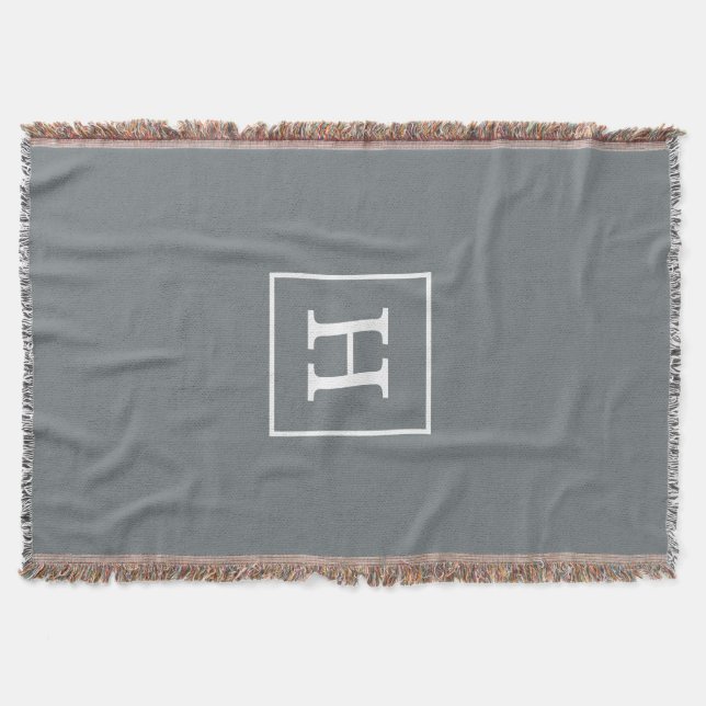 Charcoal Grey White Framed Initial Monogram Throw Blanket (Front)