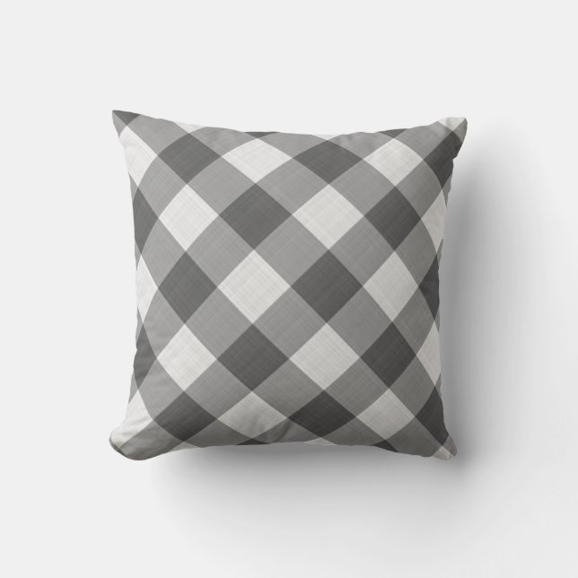 Charcoal Grey White Gingham Pattern Country Cushion (Front)