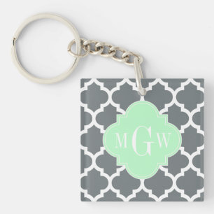 Charcoal Grey White Moroccan #5 Mint Name Monogram Key Ring