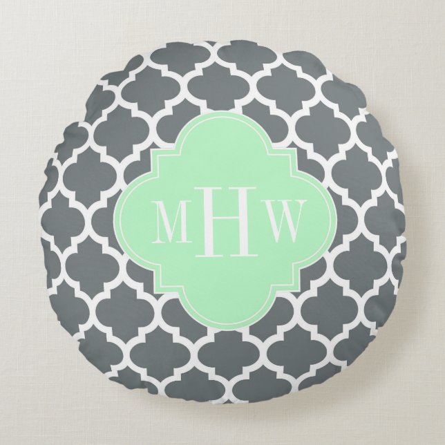 Charcoal Grey White Moroccan #5 Mint Name Monogram Round Cushion (Front)