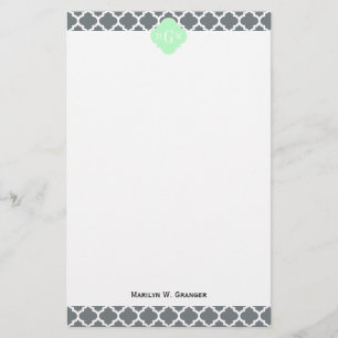 Charcoal Grey White Moroccan #5 Mint Name Monogram Stationery