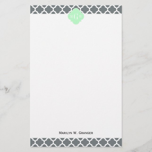Charcoal Grey White Moroccan #5 Mint Name Monogram Stationery (Front)