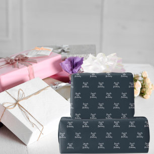 Charcoal grey white name script wrapping paper