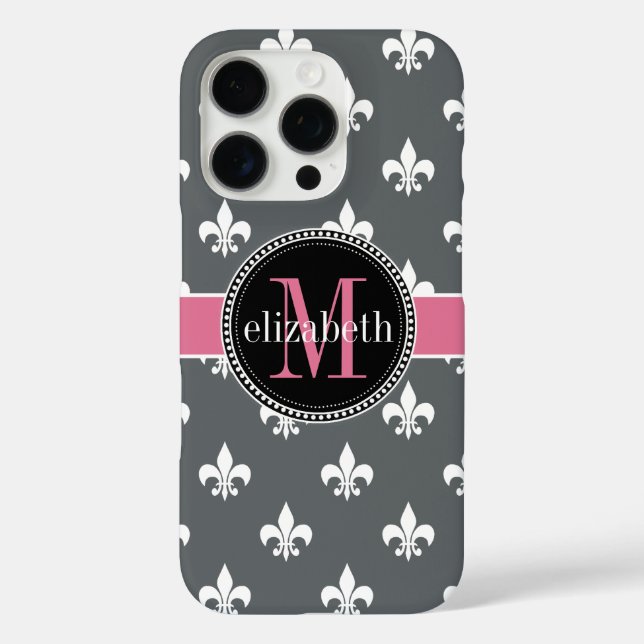 Charcoal Grey White Pink Fleur de Lis Monogram Case-Mate iPhone Case (Back)