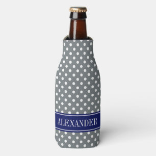 Charcoal Grey White Polka Dots Navy Name Monogram Bottle Cooler