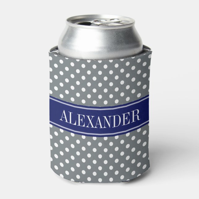 Charcoal Grey White Polka Dots Navy Name Monogram Can Cooler (Can Front)