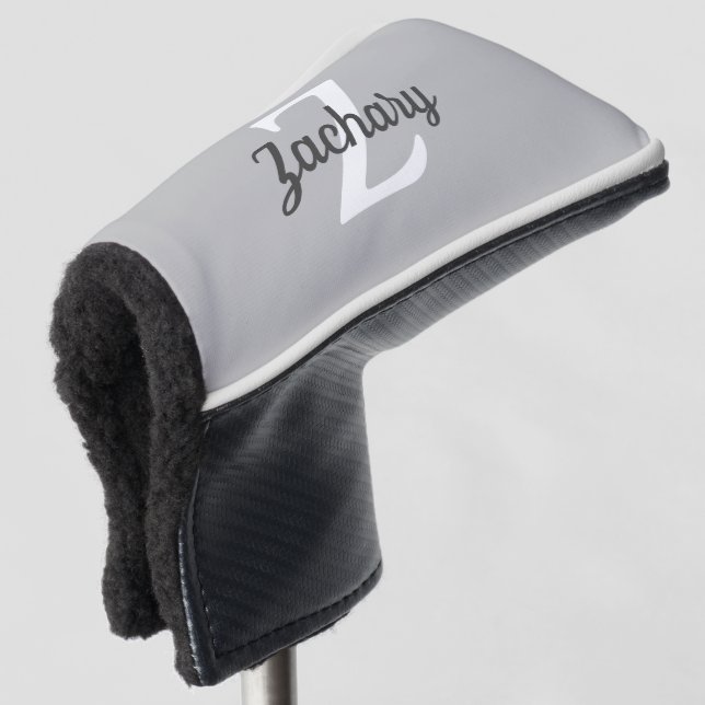 Charcoal Grey White Retro Monogram Personalised Golf Head Cover (3/4 Front)