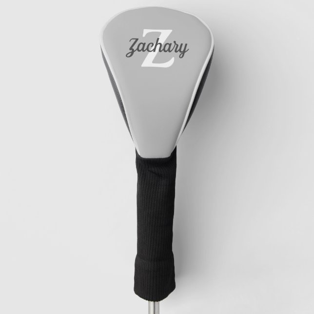 Charcoal Grey White Retro Monogram Personalised Golf Head Cover (Front)
