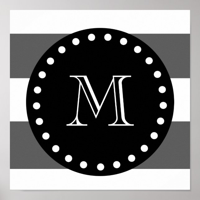 Charcoal Grey White Stripes Pattern, Black Monogra Poster (Front)