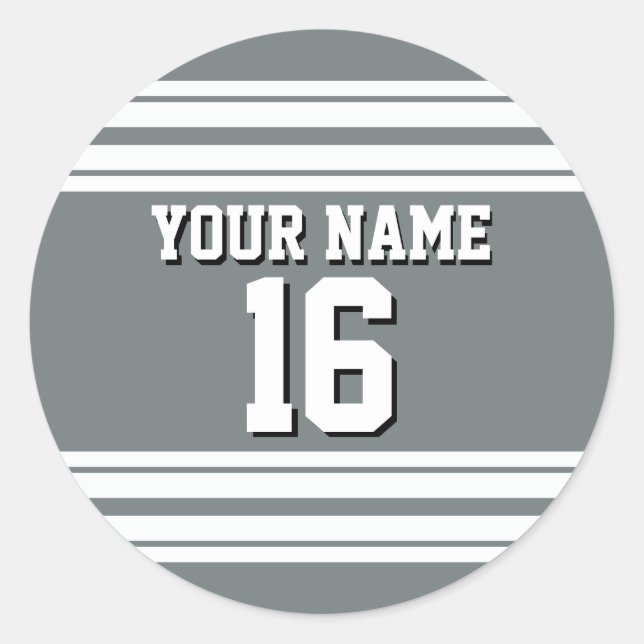 Charcoal Grey White Team Jersey Custom Number Name Classic Round Sticker (Front)