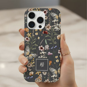 Charcoal Grey Wildflowers Floral Monogrammed iPhone 15 Pro Case