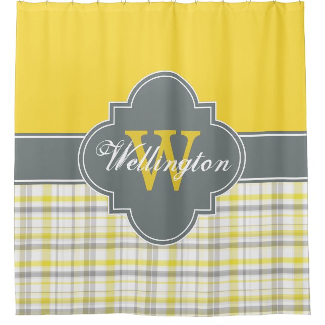 Charcoal Grey Yellow Madras Plaid 1ICB Ribbon Name Shower Curtain (Front)