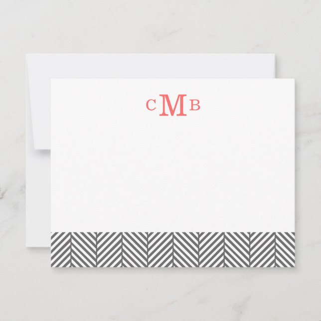 Charcoal Herringbone Custom Monogram Stationery Card (Front)