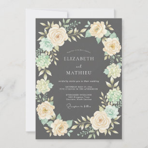 Charcoal Ivory Blossom Wedding Invitation