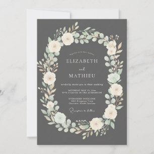 Charcoal Ivory Cream Wreath Wedding Invitation
